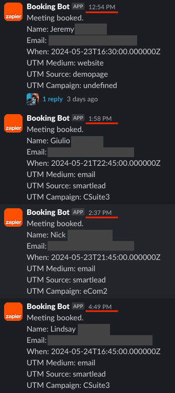 Additional Slack meeting booking notifications showing continuous stream of booked calls
